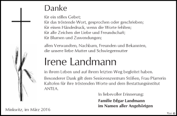 Traueranzeige von Irene Landmann von Super Sonntag Zeitz