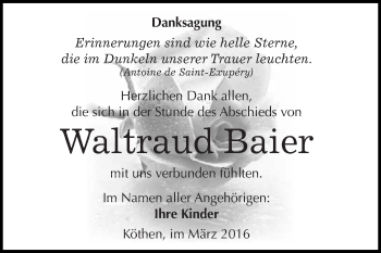 Traueranzeige von Waltraud Baier von WVG - Wochenspiegel Dessau / Köthen