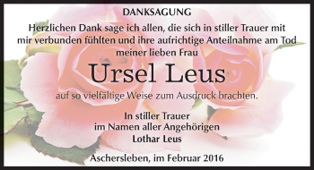 Traueranzeige von Ursel Leus von Mitteldeutsche Zeitung Aschersleben