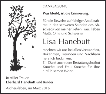 Traueranzeige von Lisa Hanebutt von Super Sonntag Aschersleben