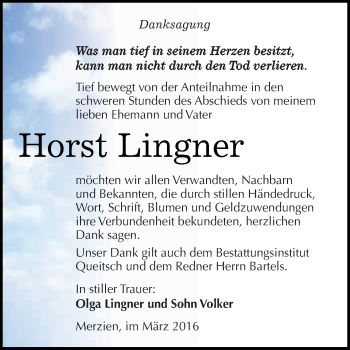Traueranzeige von Horst Lingner von WVG - Wochenspiegel Dessau / Köthen