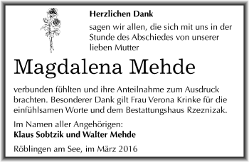 Traueranzeige von Magdalena Mehde von Mitteldeutsche Zeitung Mansfelder Land