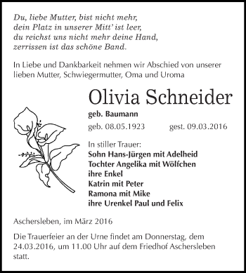 Traueranzeige von Olivia Schneider von Super Sonntag Aschersleben
