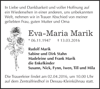 Traueranzeige von Eva-Maria Marik von WVG - Wochenspiegel Dessau / Köthen