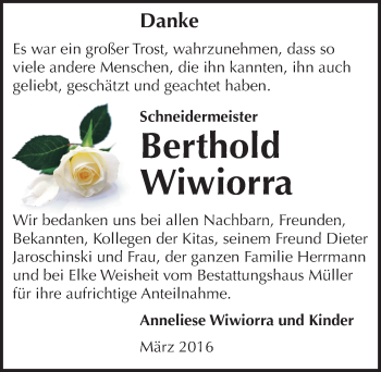 Traueranzeige von Berthold Wiwiorra von Mitteldeutsche Zeitung Aschersleben