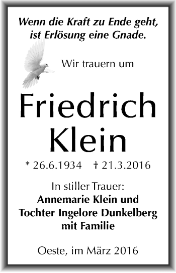 Traueranzeige von Friedrich Klein von Mitteldeutsche Zeitung Mansfelder Land