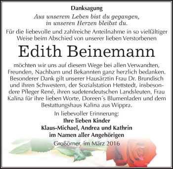 Traueranzeige von Edith Beinemann von Mitteldeutsche Zeitung Mansfelder Land