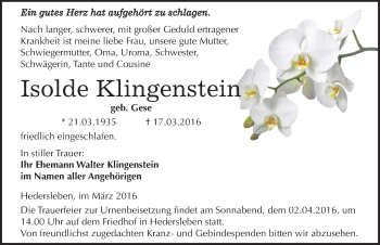 Traueranzeige von Isolde Klingenstein von Mitteldeutsche Zeitung Mansfelder Land
