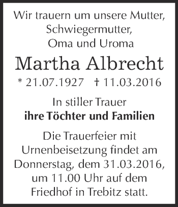 Traueranzeige von Martha Albrecht von Super Sonntag Bernburg