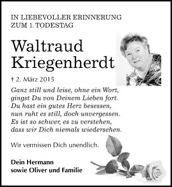 Traueranzeige von Waltraud Kriegenherdt von Mitteldeutsche Zeitung Merseburg/Querfurt