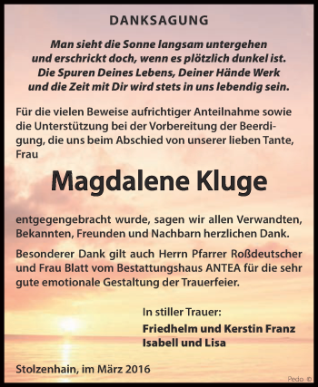 Traueranzeige von Magdalene Kluge von Super Sonntag Zeitz