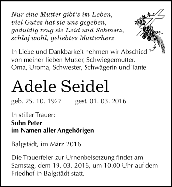 Traueranzeige von Adele Seidel von Mitteldeutsche Zeitung Naumburg/Nebra