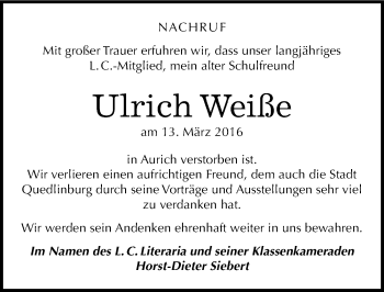 Traueranzeige von Ulrich Weiße von Mitteldeutsche Zeitung Quedlinburg