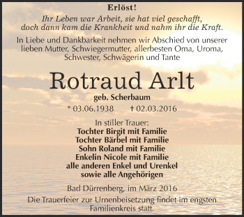 Traueranzeige von Rotraud Arlt von Super Sonntag Merseburg