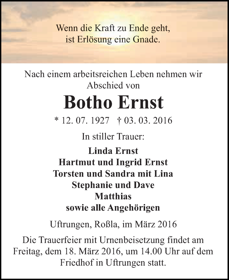  Traueranzeige für Botho Ernst vom 12.03.2016 aus Super Sonntag SGH Mansf. Land