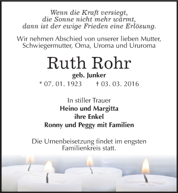 Traueranzeige von Ruth Rohr von Mitteldeutsche Zeitung Köthen