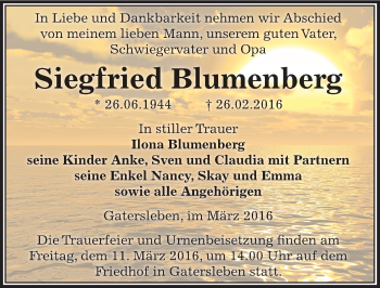 Traueranzeige von Siegfried Blumenberg von Mitteldeutsche Zeitung Aschersleben