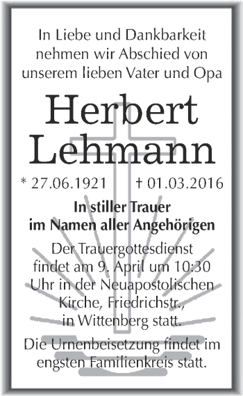 Traueranzeige von Herbert Lehmann von Super Sonntag Wittenberg