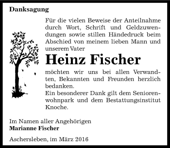 Traueranzeige von Heinz Fischer von Mitteldeutsche Zeitung Aschersleben