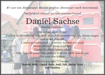 Traueranzeige von Daniel Sachse von Mitteldeutsche Zeitung Weißenfels