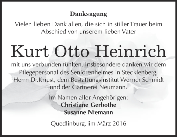Traueranzeige von Kurt Otto Heinrich von Super Sonntag Quedlinburg