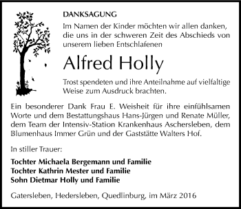 Traueranzeige von Alfred Holly von Mitteldeutsche Zeitung Quedlinburg