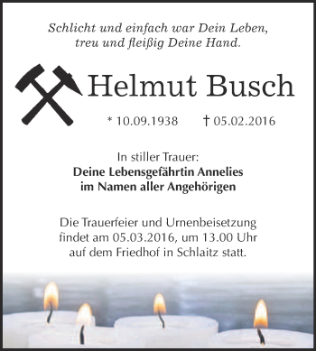 Traueranzeige von Helmut Busch von WVG - Wochenspiegel Bitterfeld