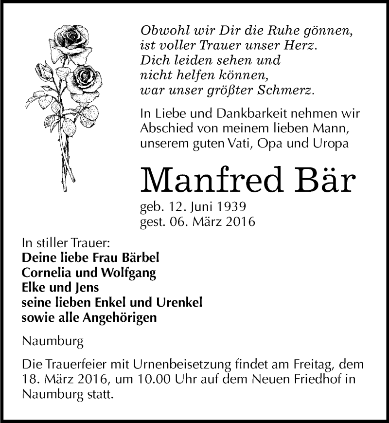  Traueranzeige für Manfred Bär vom 11.03.2016 aus Mitteldeutsche Zeitung Naumburg/Nebra