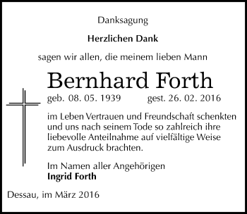 Traueranzeige von Bernhard Forth von Mitteldeutsche Zeitung Dessau-Roßlau