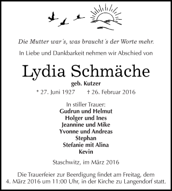 Traueranzeige von Lydia Schmäche von WVG - Wochenspiegel NMB / WSF / ZTZ