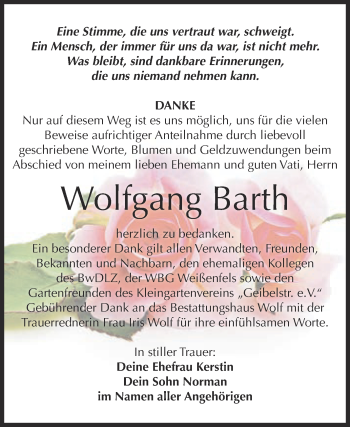 Traueranzeige von Wolfgang Barth von WVG - Wochenspiegel NMB / WSF / ZTZ