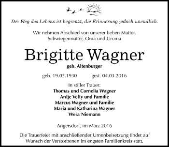 Traueranzeige von Brigitte Wagner von Mitteldeutsche Zeitung Halle/Saalkreis