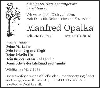 Traueranzeige von Manfred Opalka von WVG - Wochenspiegel Wittenberg
