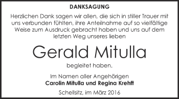 Traueranzeige von Gerald Mitulla von WVG - Wochenspiegel NMB / WSF / ZTZ