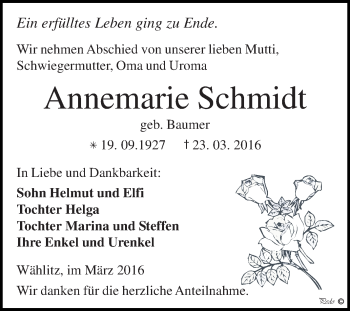 Traueranzeige von Annemarie Schmidt von WVG - Wochenspiegel NMB / WSF / ZTZ