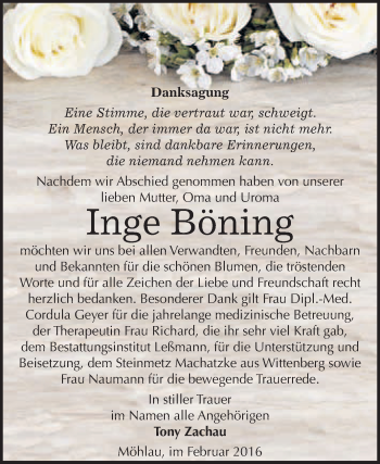 Traueranzeige von Inge Böning von WVG - Wochenspiegel Wittenberg