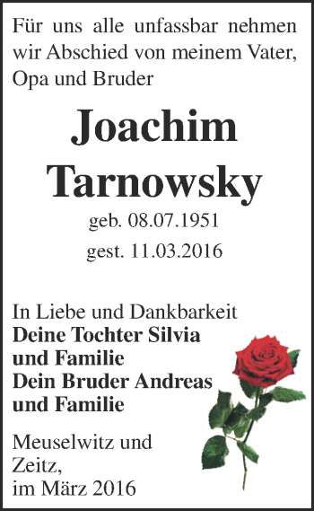 Traueranzeige von Joachim Tarnowsky von Super Sonntag Zeitz