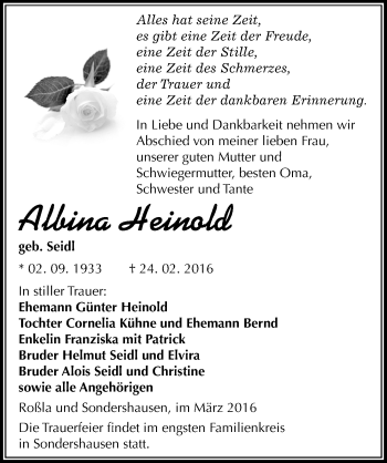 Traueranzeige von Albina Heinold von Mitteldeutsche Zeitung Sangerhausen