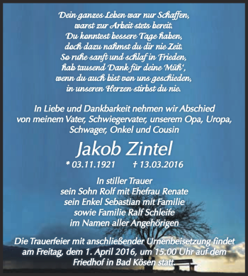 Traueranzeige von Jakob Zintel von WVG - Wochenspiegel NMB / WSF / ZTZ