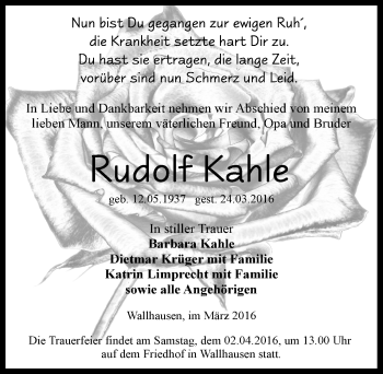 Traueranzeige von Rudolf Kahle von Mitteldeutsche Zeitung Sangerhausen