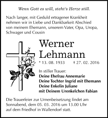 Traueranzeige von Werner Lehmann von Mitteldeutsche Zeitung Merseburg/Querfurt