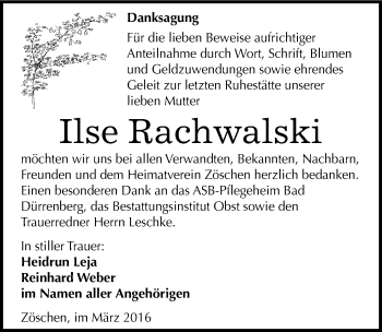 Traueranzeige von Ilse Rachwalski von Mitteldeutsche Zeitung Merseburg/Querfurt