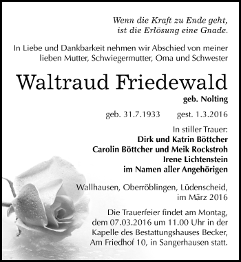 Traueranzeige von Waltraud Friedewald von Mitteldeutsche Zeitung Sangerhausen