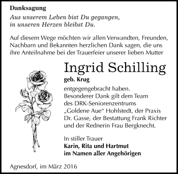 Traueranzeige von Ingrid Schilling von Mitteldeutsche Zeitung Sangerhausen