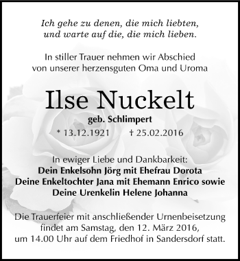 Traueranzeige von Ilse Nuckelt von Mitteldeutsche Zeitung Bitterfeld