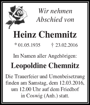 Traueranzeige von Heinz Chemnitz von WVG - Wochenspiegel Dessau / Köthen
