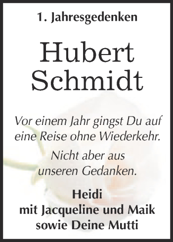 Traueranzeige von Hubert Schmidt von Super Sonntag Wittenberg
