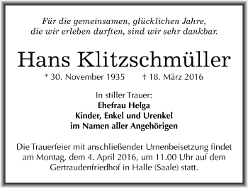 Traueranzeige von Hans Klitzschmüller von Mitteldeutsche Zeitung Halle/Saalkreis