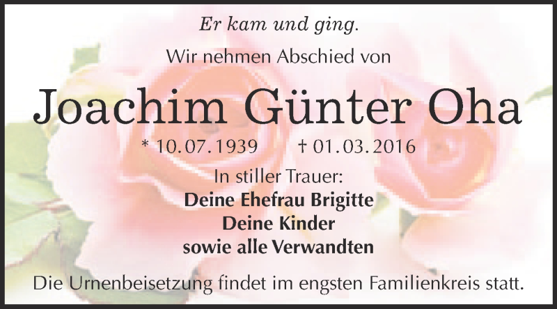  Traueranzeige für Joachim Günter Oha vom 12.03.2016 aus Super Sonntag Wittenberg