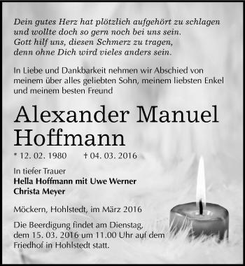 Traueranzeige von Alexander Manuel Hoffmann von Mitteldeutsche Zeitung Sangerhausen